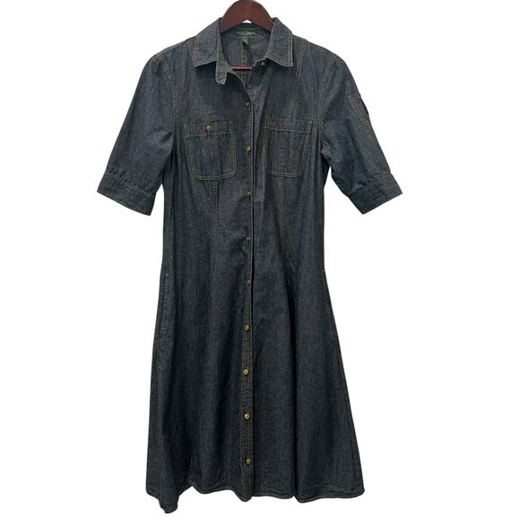 Ralph Lauren LRL Lauren Jeans Blue Denim Dress Military Size 8 Midi Short Sleeve - Picture 1 of 12